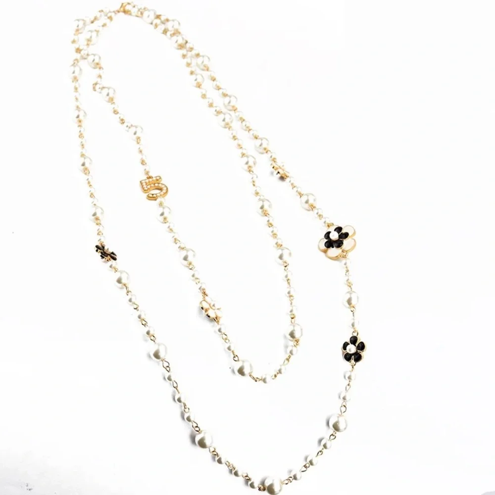 New Pearl Camellia Number5 Flower Double Long Necklace